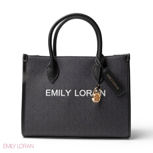 EMILY LORAN LOGO EMBOSSED LEATHER HANDBAG WITH METAL CHAIN-LARGE