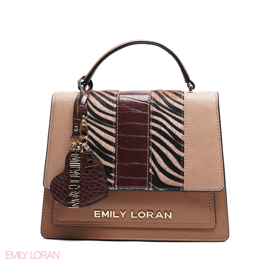 ELEGANT MIXED TEXTURE TOP HANDLE BAG WITH HEART CHARM - MEDIUM