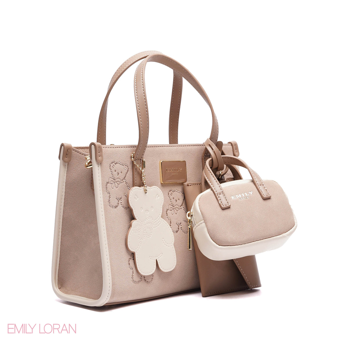 TEDDY BEAR HANDBAG CLOTH WITH SMALL POUCH , MINI WALLET AND TEDDY CHARM - SMALL