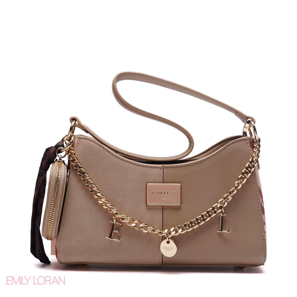 CHIC TWO-TONE SHOULDER BAG SET WITH CHAIN , POUCH AND SCARF