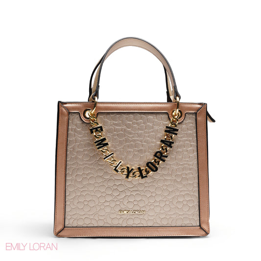 ELEGANT EMBOSSED SQUARE TOTE WITH BRANDED CHAIN BAG