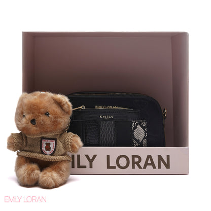 STYLISH PATCHWORK CAMERA BAG SET WITH PLUSH TEDDY CHARM