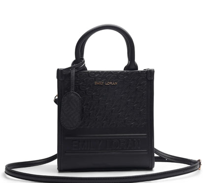 BLACK EMBOSSED LOGO TOP HANDLE TOTE BAG