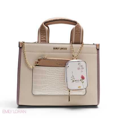 STRUCTURED BAG WITH BRANDED HANDLES AND FLORAL POUCH