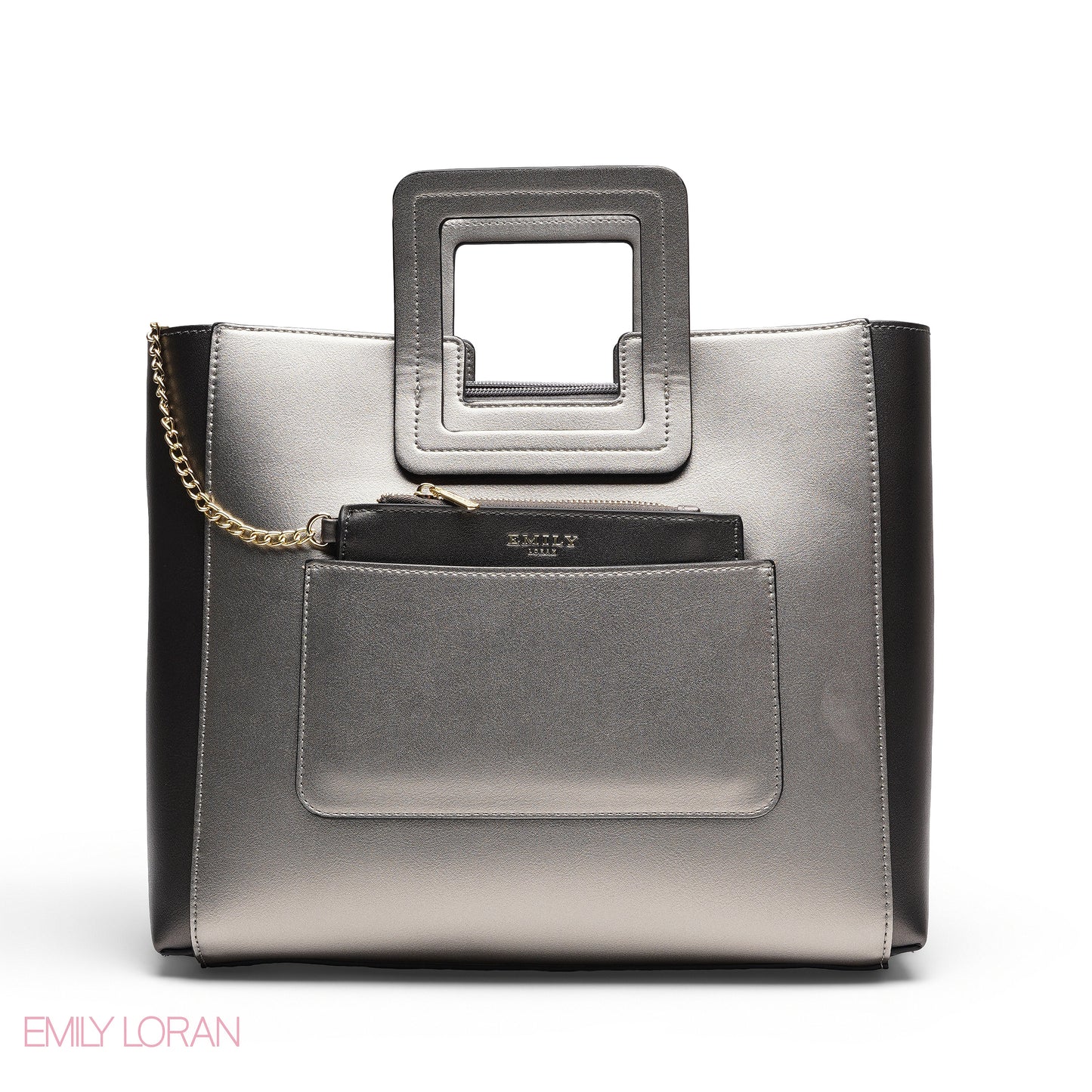 SILVER TEXTURED LEATHER TOTE AND POUCH BAG