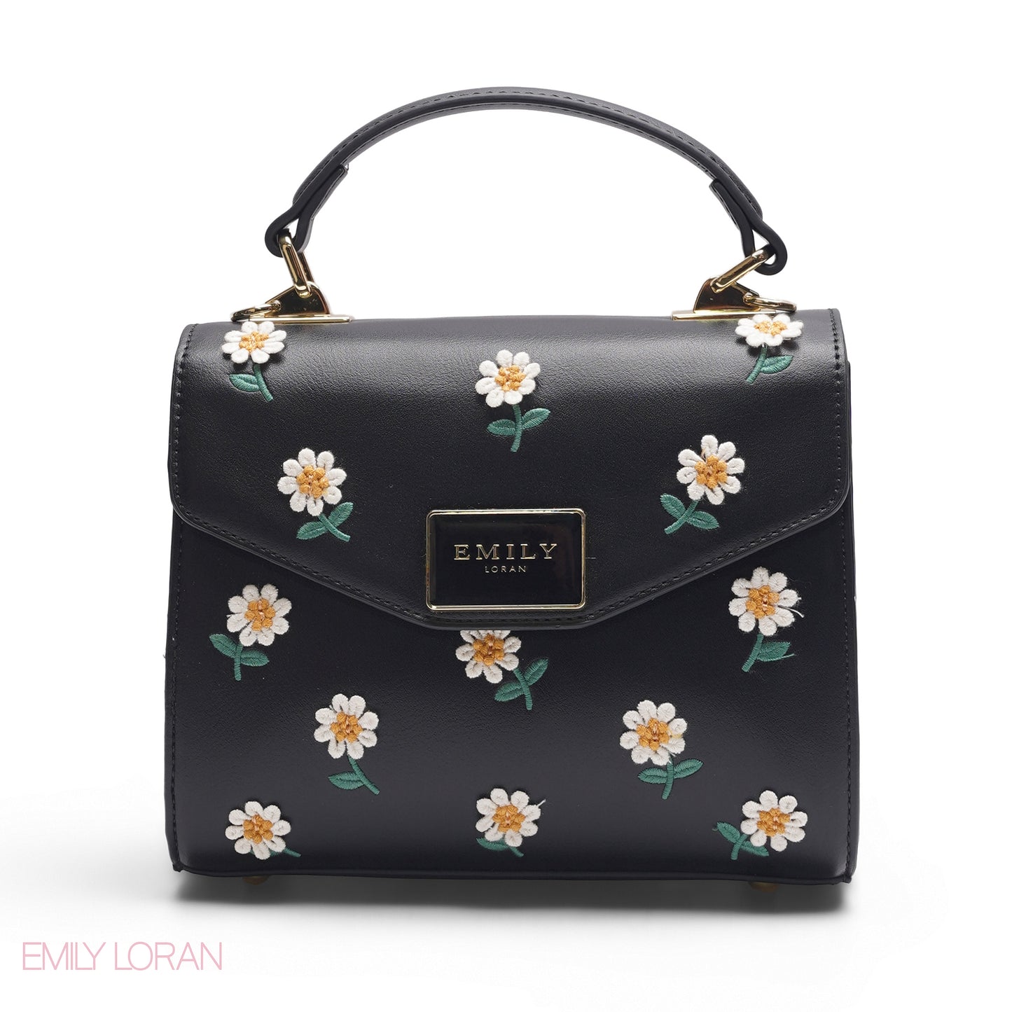 BLACK DAISY EMBROIDERED SATCHEL BAG