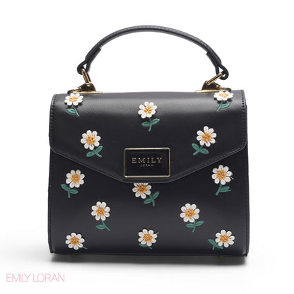 BLACK DAISY EMBROIDERED SATCHEL BAG