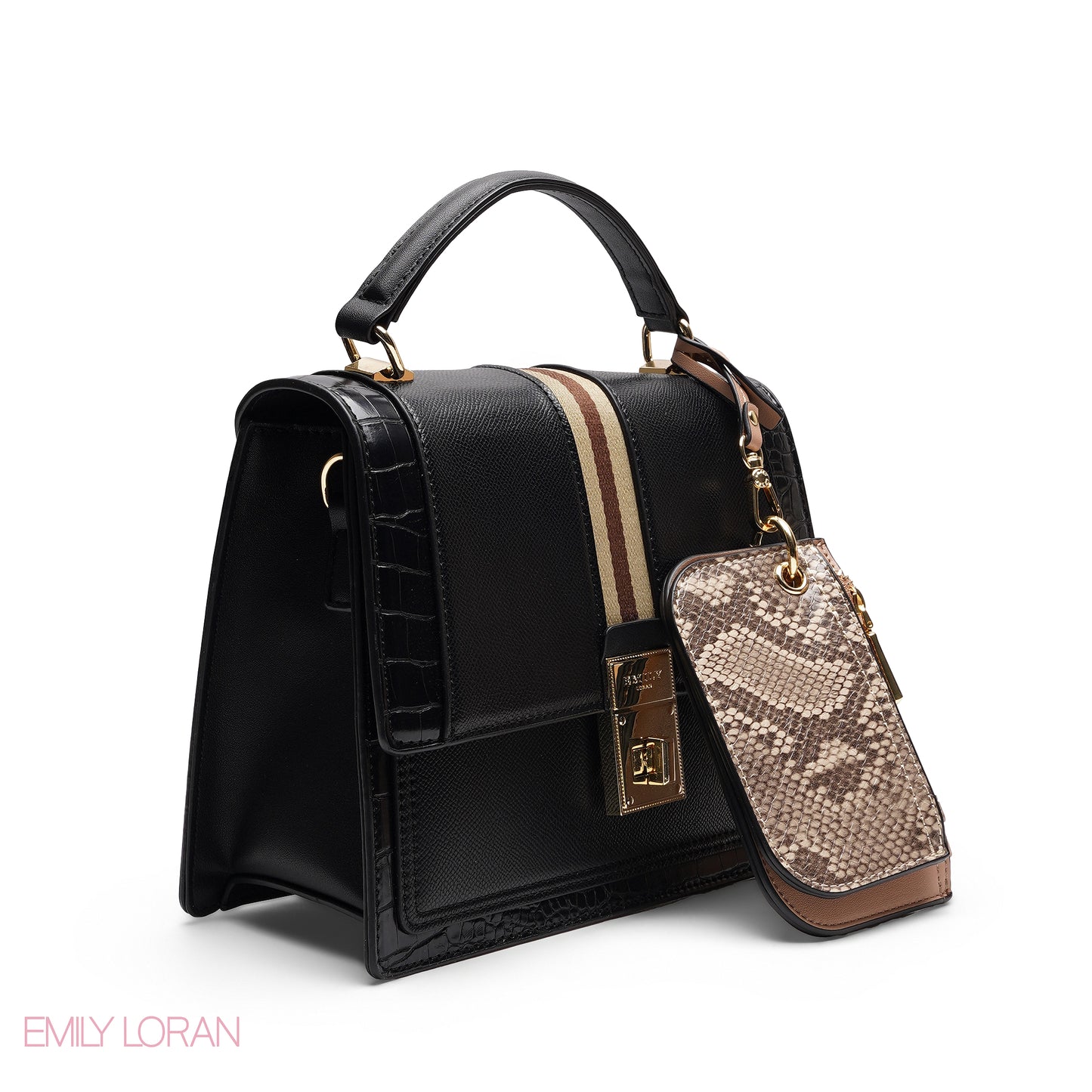 CHIC STRIPED SATCHEL WITH SNAKE PRINT POUCH BAG