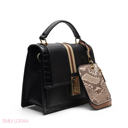CHIC STRIPED SATCHEL WITH SNAKE PRINT POUCH BAG
