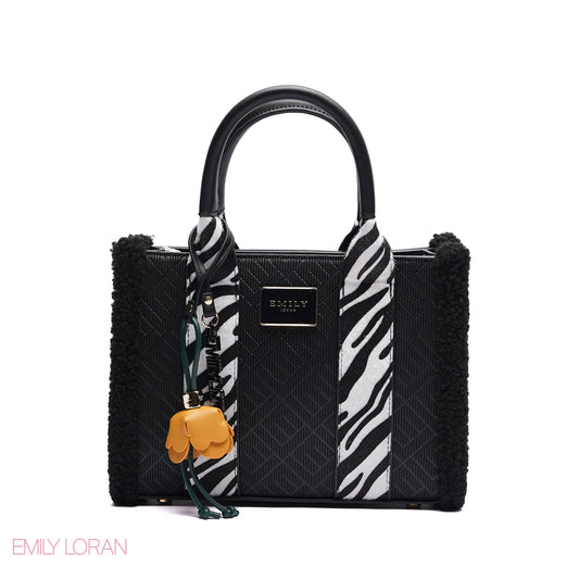 ELEGANT ZEBRA PRINT TOTE BAG WITH FLOWER CHARM - SMALL