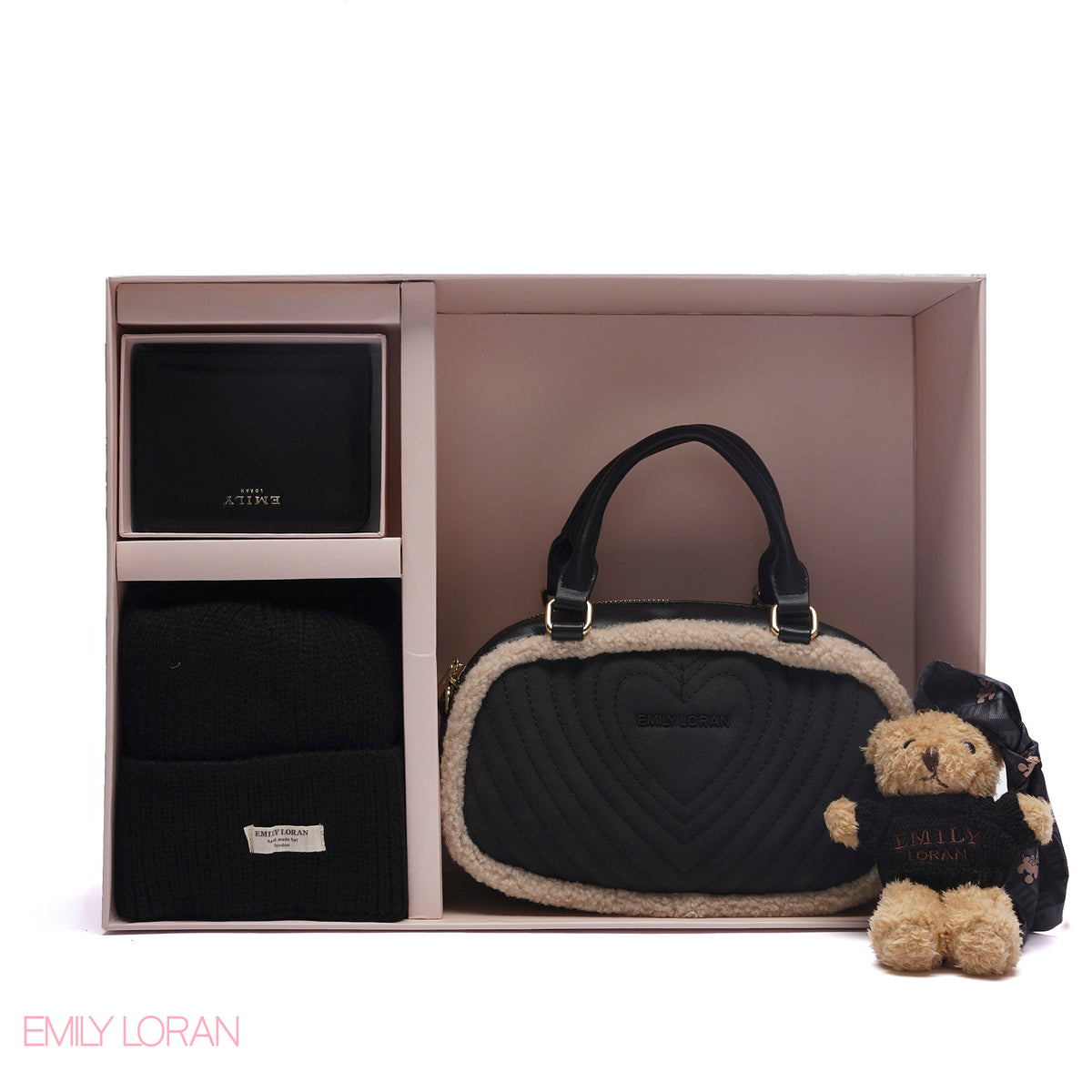 ELEGANT QUILTED HEART BAG SET WITH WALLET AND BEANIE