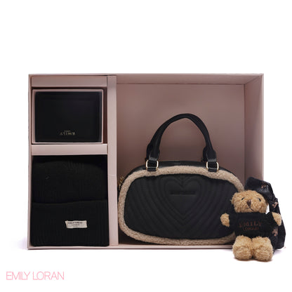 ELEGANT QUILTED HEART BAG SET WITH WALLET AND BEANIE