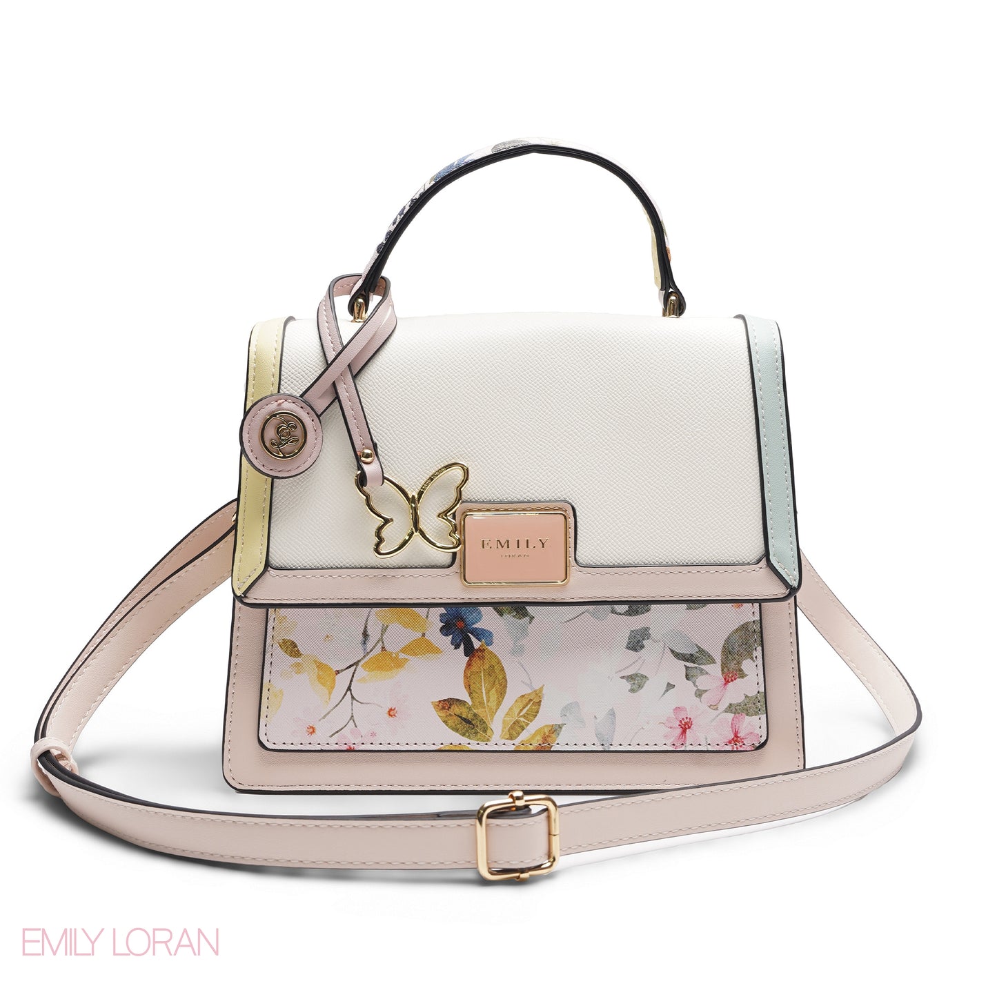 EMILY MULTI-COLOUR PASTEL FLORAL SATCHEL BAG WITH BUTTERFLY CHARM - MED