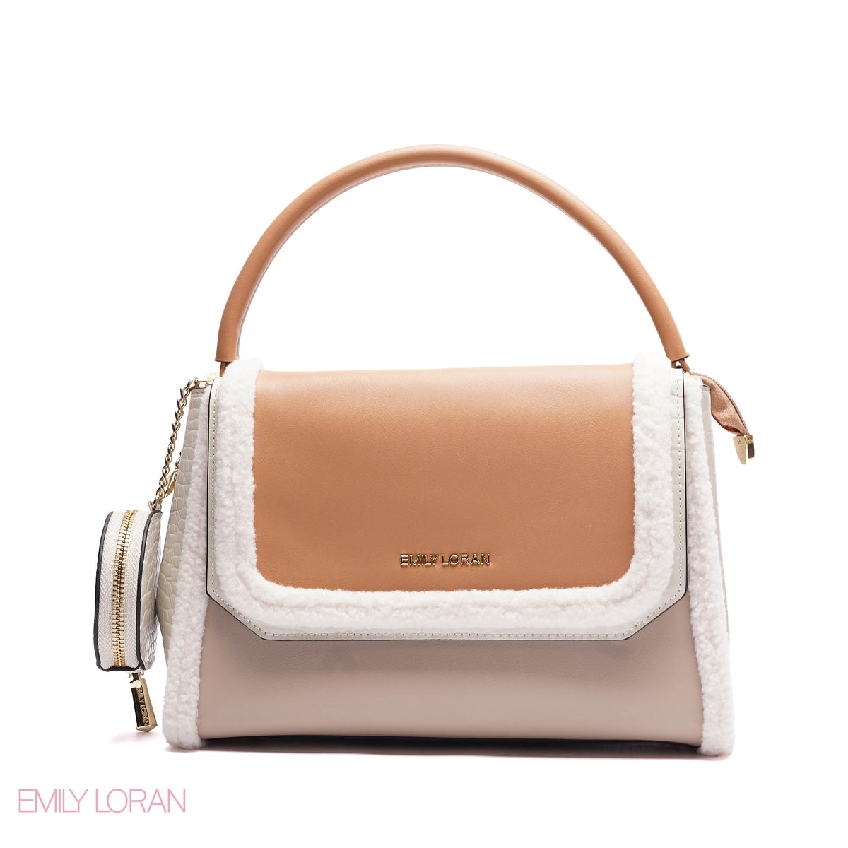 ELEGANT SHERPA TRIM TOP HANDLE BAG WITH CROSSBODY STRAP - MEDIUM