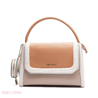 ELEGANT SHERPA TRIM TOP HANDLE BAG WITH CROSSBODY STRAP - MEDIUM