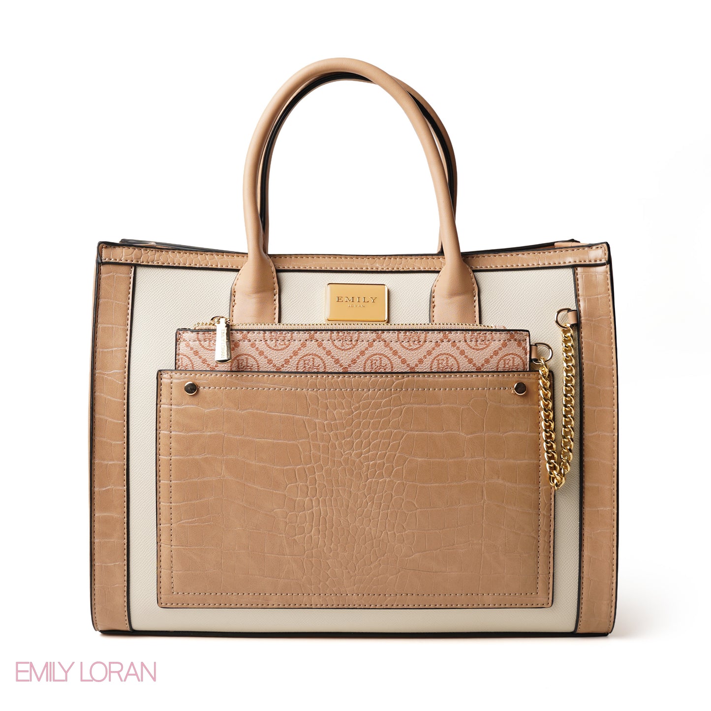 BEIGE  HANDBAG WITH CROCODILE PRINT - LARGE