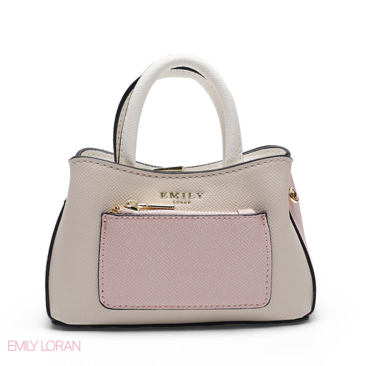 MINI BEIGE & PINK BAG WITH GOLD METAL STRAP