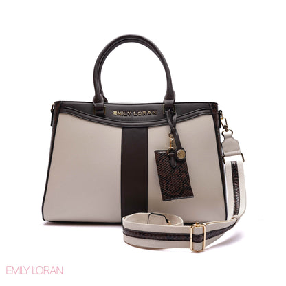 STRUCTURED PANEL TOTE BAG WITH SNAKESKIN TAG