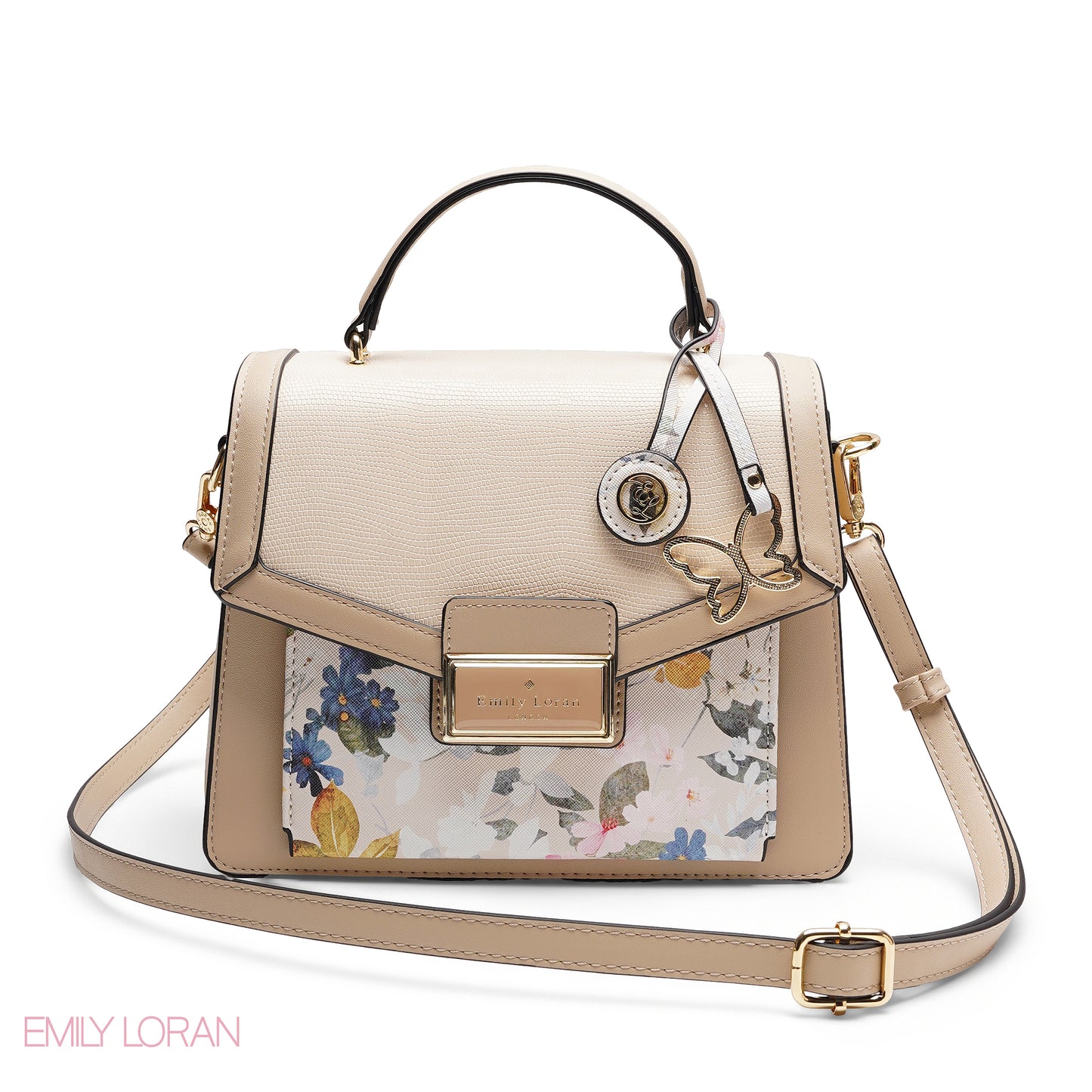 CHIC FLORAL FLAP SATCHEL WITH BUTTERFLY CHARM BAG