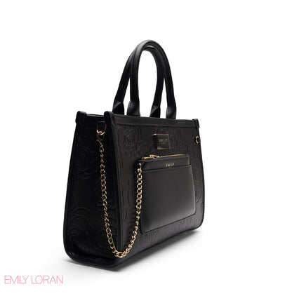 EMBOSSED ROSE TOTE WITH BRANDED STRAP BAG - MEDIUM