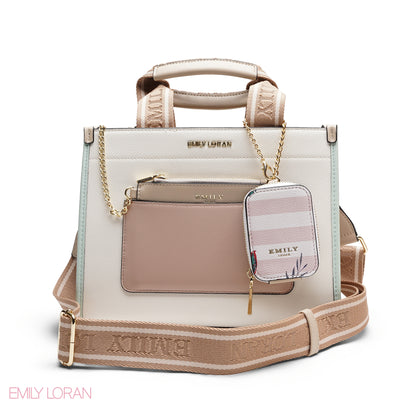 STRUCTURED BAG WITH BRANDED HANDLES AND STRIPPED POUCH