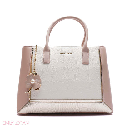 EMBOSSED FLORAL PANELLED SATCHEL BAG - LARGE