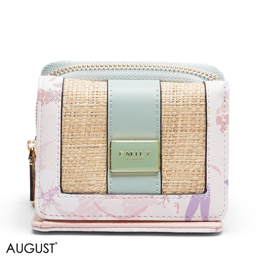 RAFFIA AND FLORAL TRI-FOLD WALLET