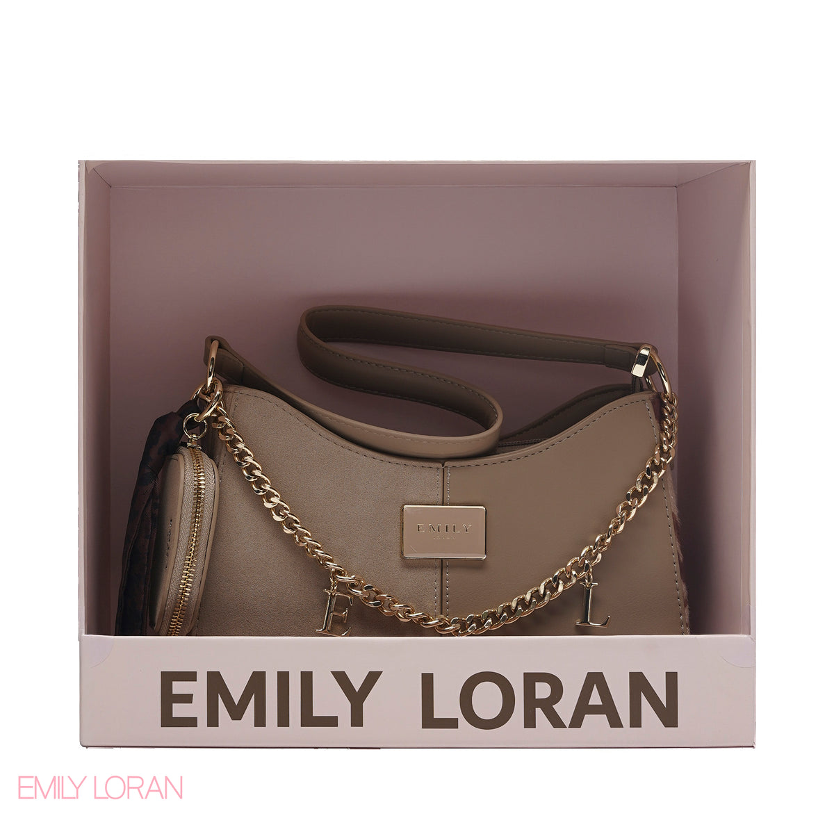 CHIC TWO-TONE SHOULDER BAG SET WITH CHAIN , POUCH AND SCARF