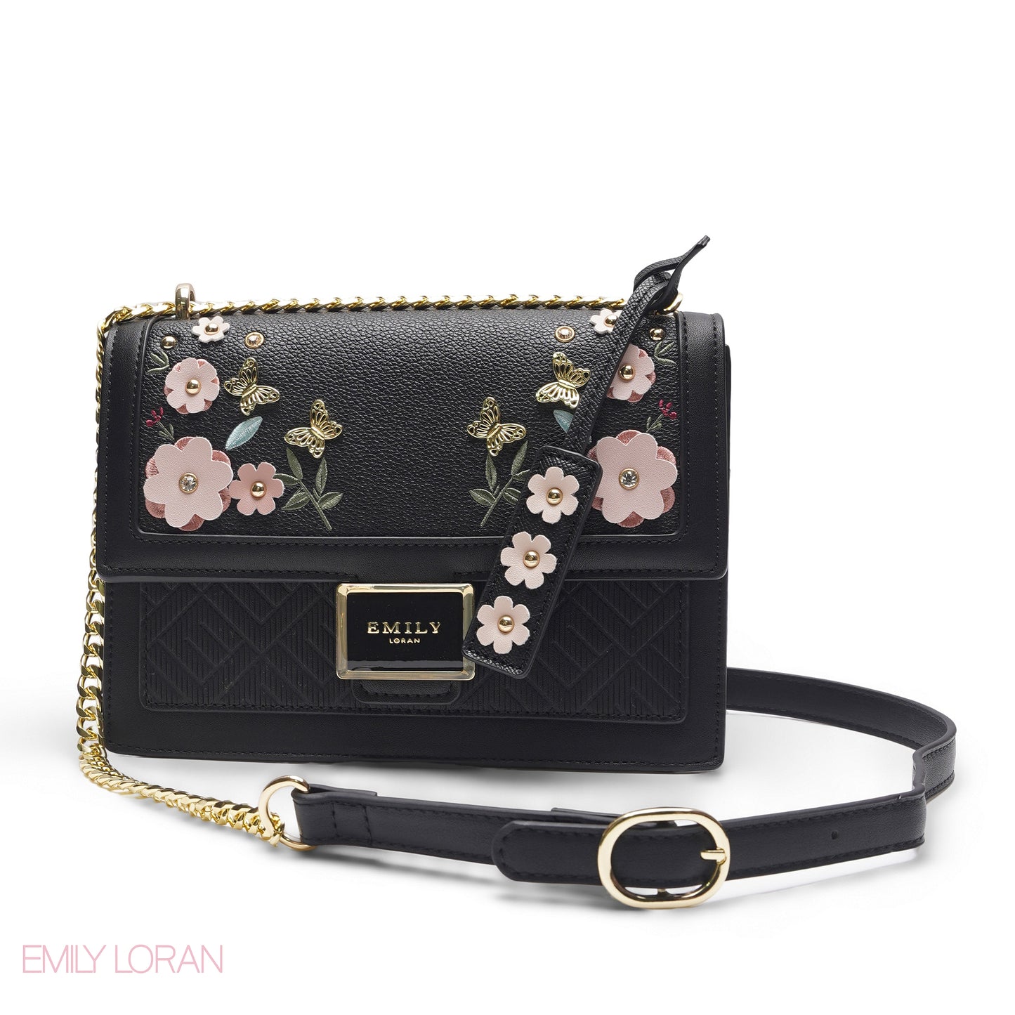 EMILY 3D FLORAL APPLIQUÉ CROSSBODY BAG - SOLID BLACK