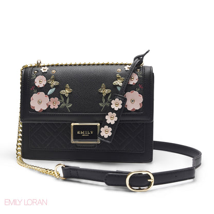 EMILY 3D FLORAL APPLIQUÉ CROSSBODY BAG - SOLID BLACK