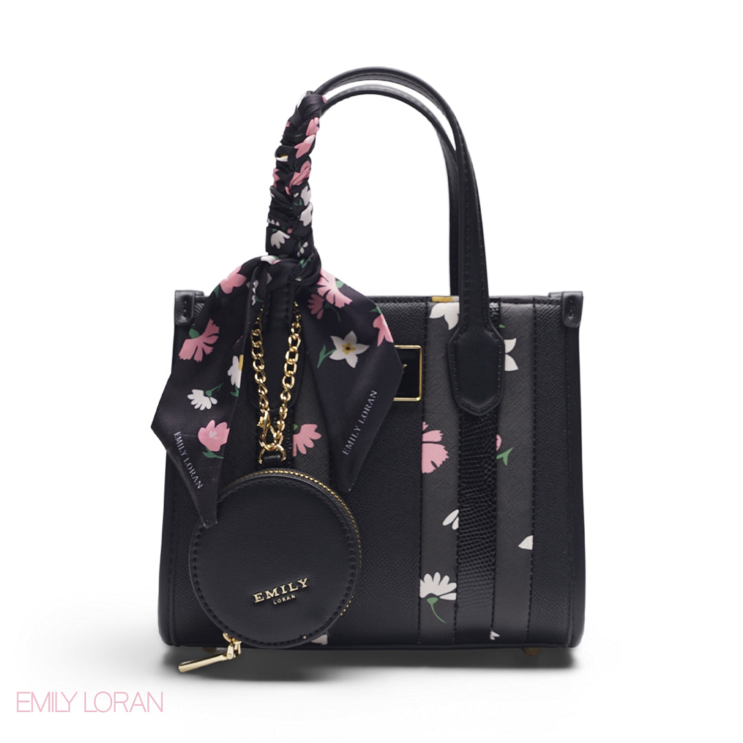 BLACK FLORAL TOTE WITH PINK PRINTS - SMALL