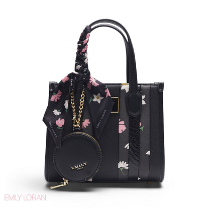 BLACK FLORAL TOTE WITH PINK PRINTS - SMALL