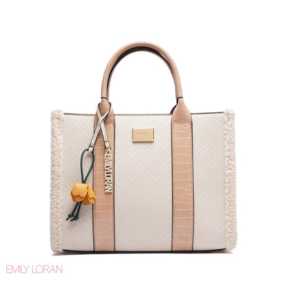 ELEGANT ZEBRA PRINT TOTE BAG WITH FLOWER CHARM - LARGE