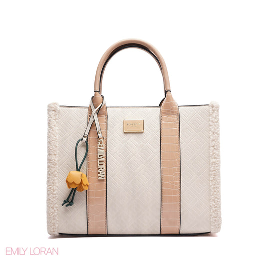 ELEGANT ZEBRA PRINT TOTE BAG WITH FLOWER CHARM - LARGE