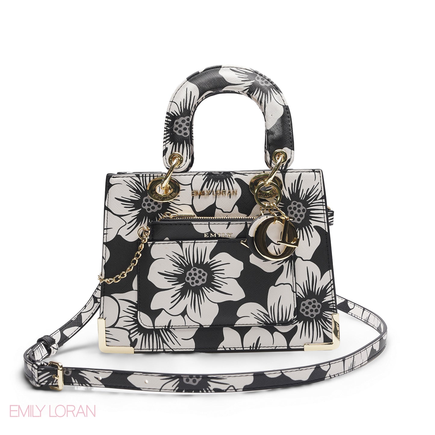 BLACK & WHITE FLORAL LADY TOTE WITH POUCH