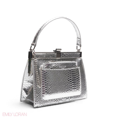 EMILY METALLIC SILVER SNAKESKIN FRAME BAG WITH MINI POUCH - MED