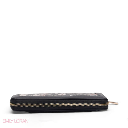 BLACK FLORAL ZIP-AROUND WALLET