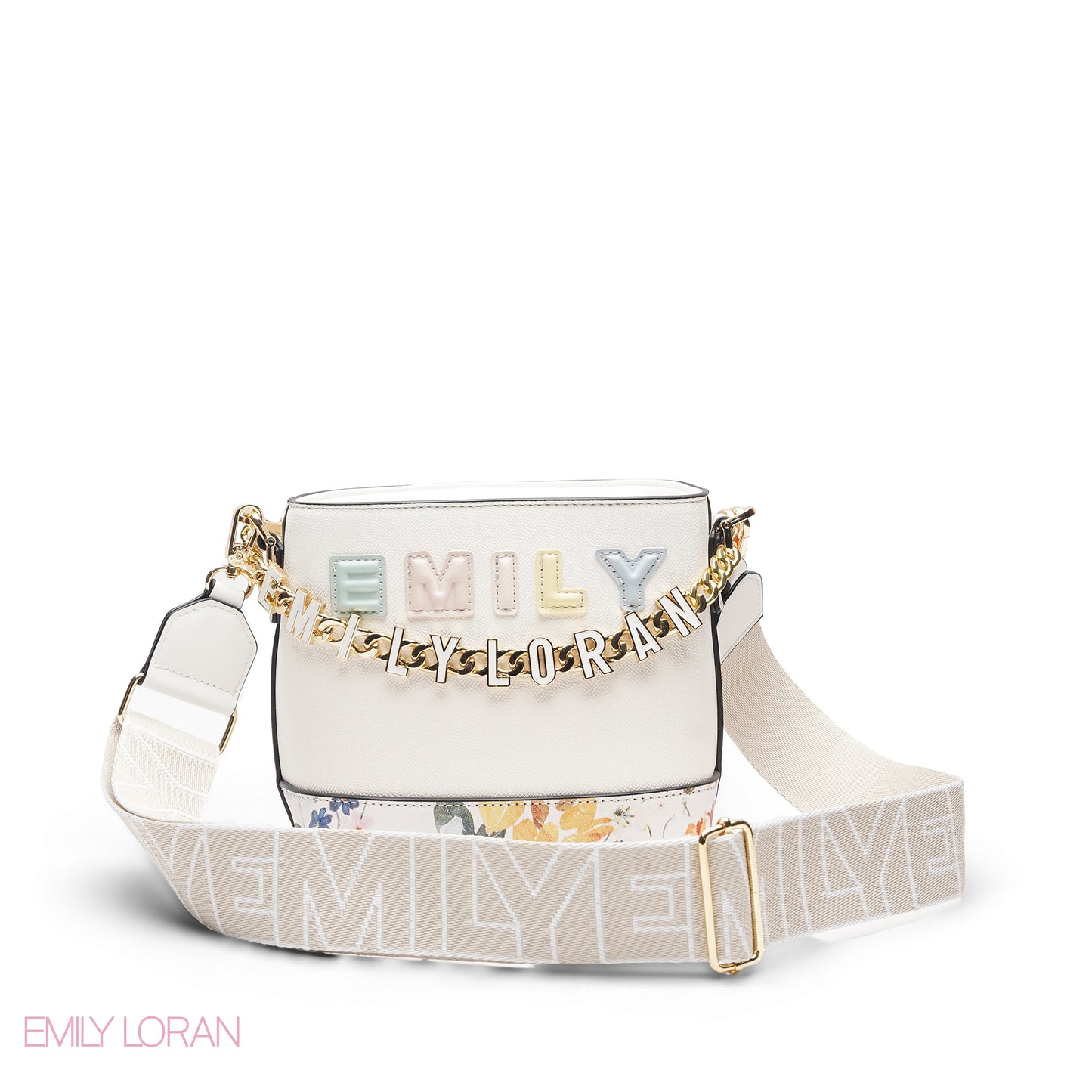 WHITE FLORAL TOTE WITH GOLD CHAIN & STRAP