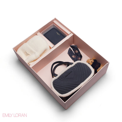 ELEGANT QUILTED HEART BAG SET WITH WALLET AND BEANIE