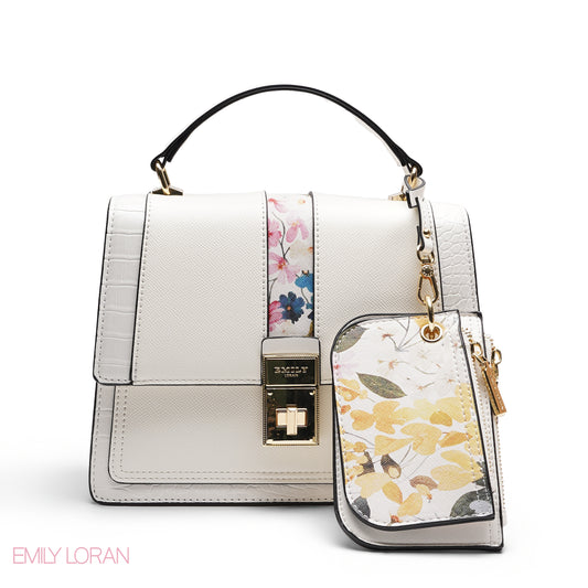 CHIC STRIPED SATCHEL WITH FLORAL PRINT POUCH BAG