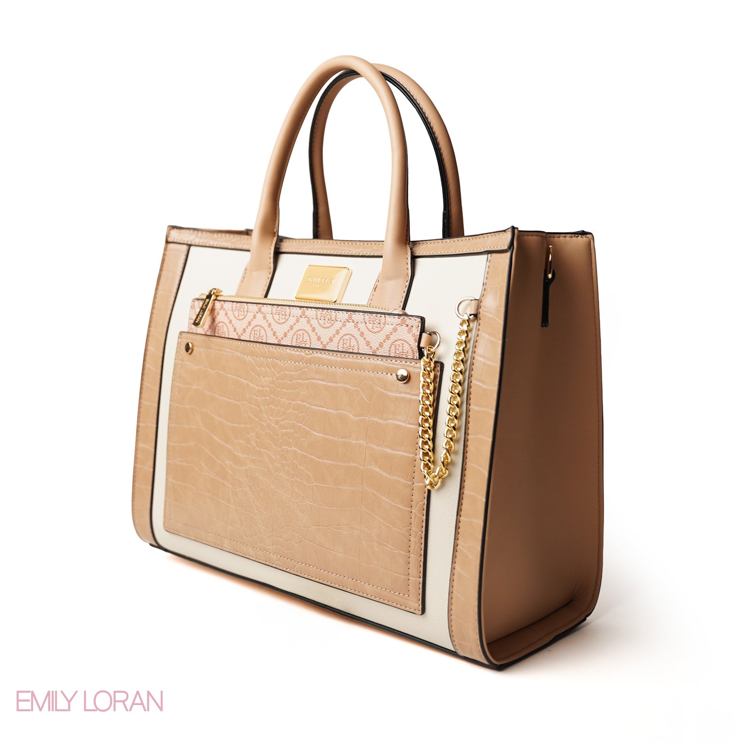 BEIGE  HANDBAG WITH CROCODILE PRINT - LARGE