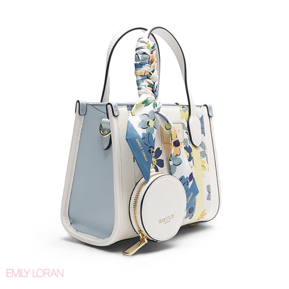 WHITE FLORAL TOTE WITH BLUE & YELLOW ACCENTS - SMALL