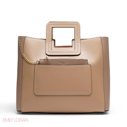 BEIGE TEXTURED LEATHER TOTE AND FLORAL POUCH BAG