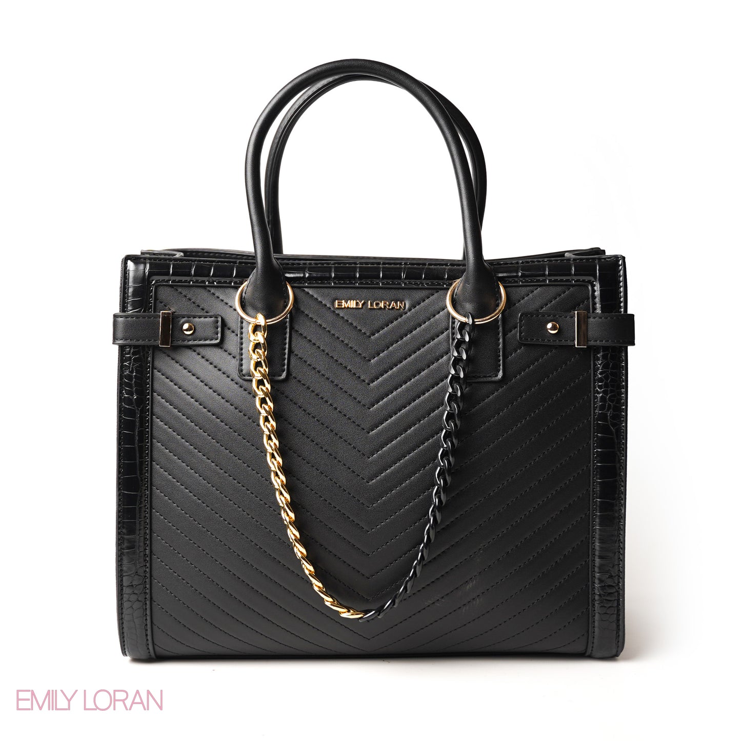 BLACK SQUARED HAND BAG WITH SIMPLE BUFF DETAIL - LARGE