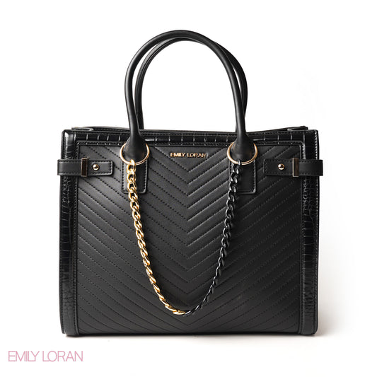 BLACK SQUARED HAND BAG WITH SIMPLE BUFF DETAIL - LARGE