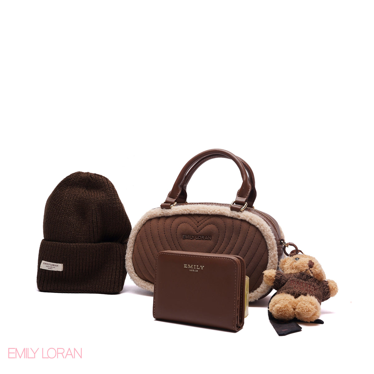 ELEGANT QUILTED HEART BAG SET WITH WALLET AND BEANIE