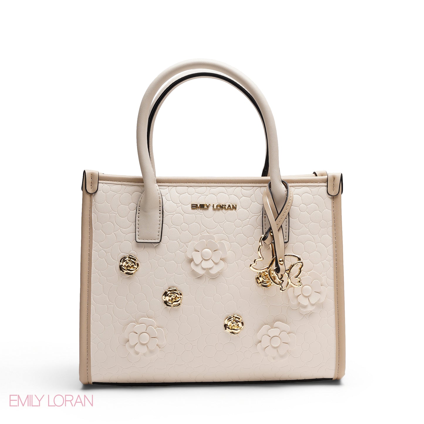 EMBOSSED METALLIC FLORAL TOP HANDLE TOTE BAG - SMALL