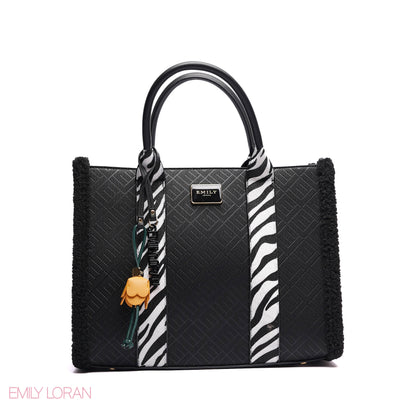 ELEGANT ZEBRA PRINT TOTE BAG WITH FLOWER CHARM - LARGE