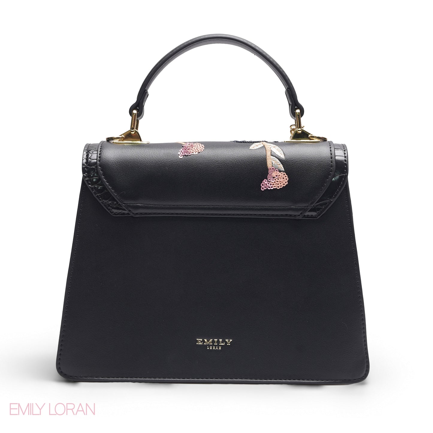 BLACK SEQUIN FLORAL SATCHEL WITH ROUND POUCH