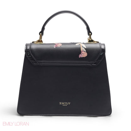 BLACK SEQUIN FLORAL SATCHEL WITH ROUND POUCH